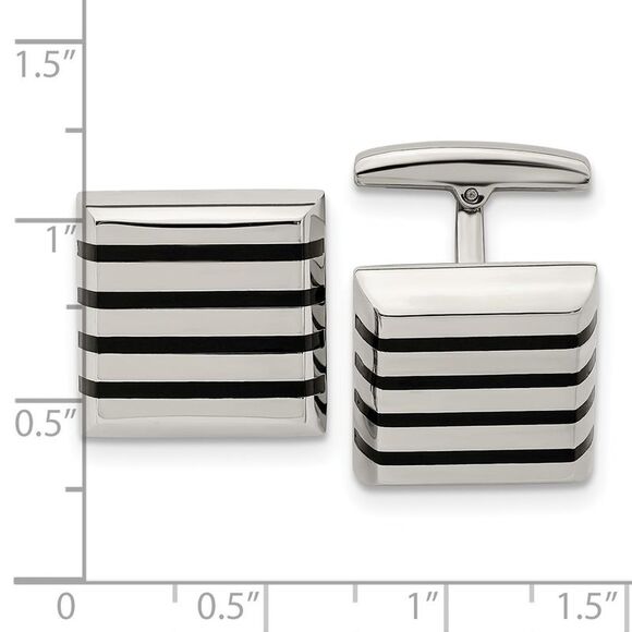 Stainless Steel & Black Rubber Striped Square Cuff Links, 17.5mm - Picture 2 of 3